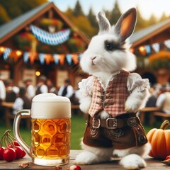 Charming rabbit in historic attire sipping beer at festive oktoberfest gathering - obrazy, fototapety, plakaty