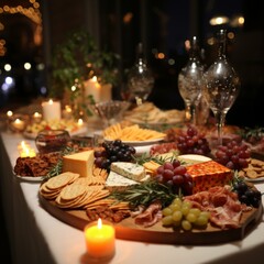 b'A wooden board with a variety of cheeses, grapes, crackers, and other snacks'