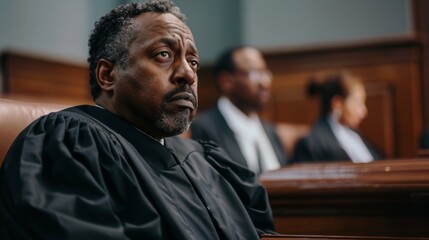A man with a beard in a judges robe is sitting in a courtroom