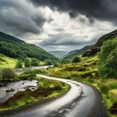 Fototapeta premium b'Curving road through a valley with a river and mountains in the distance'