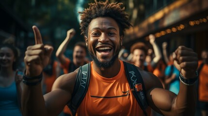 b'A group of people are running a race in a city.'