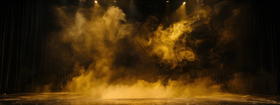 Black stage with yellow smoke below, like fog on the floor. In a dark room.	
