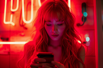 Young Woman Texting on Smartphone in Vibrant Neon Lights