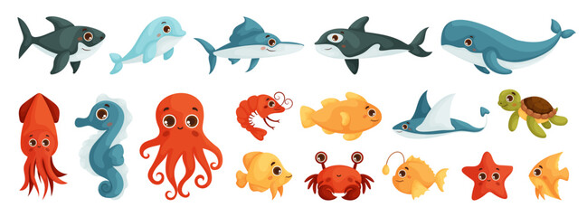 Naklejka premium A Set of Sea Animals Stickers. Underwater life. Cute whale, squid, octopus, stingray, jellyfish, fish, crab, seahorse. Fish and wild sea animals isolated on white background. Cartoon Vector