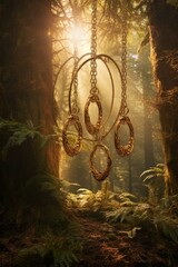 b'Mystical golden pendants hanging in a sunlit forest'