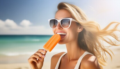 Frau am strand mit Sonnenbrille isst ein eis am Stiel.