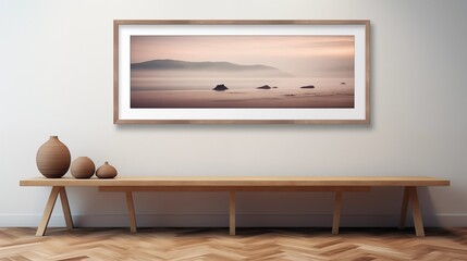 Frame mock-up horizontal frame bilderram print on demand 4d ultrahd, modern location front view wide angle symmetric.