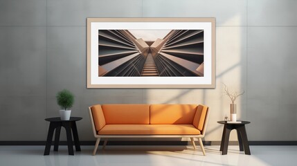 Frame mock-up horizontal frame bilderram print on demand 4d ultrahd, modern location front view wide angle symmetric.