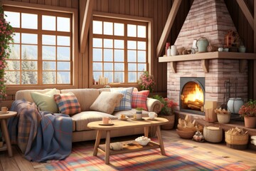 b'Cozy living room interior with fireplace and large windows'