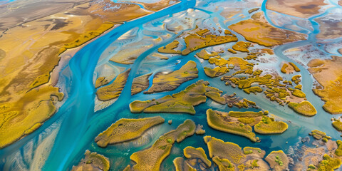 Aerial View of Vibrant River Delta and Intricate Landforms