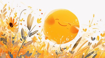 A whimsical illustration of a smiling sun set against a white backdrop created in 2d art
