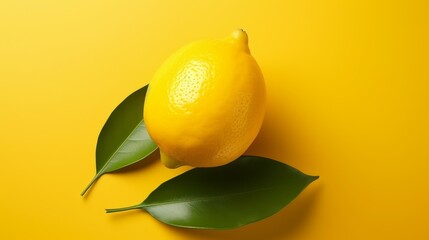 b'Single lemon with leaves on a yellow background'