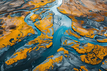 Aerial View of Vibrant River Flowing Through Colorful Textured Landscape