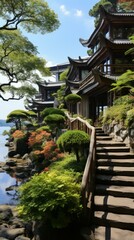 Fototapeta premium b'oriental lake house with lush garden'