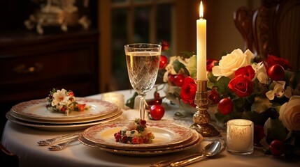 b'A romantic dinner table with a candle, flowers, and wine'