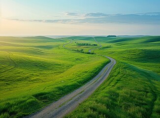 Fototapeta premium b'A dirt road winds through a lush green hill'
