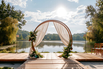 A designer wedding arch in nature, against the backdrop of a picturesque landscape.