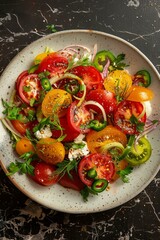 b'Fresh heirloom tomato salad with herbs, feta and pickled shallots'