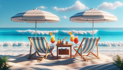 Paradise relaxing view of the beach with colorful umbrellas and folding chairs, table with glasses of juice against the backdrop of the sea, daytime sun - obrazy, fototapety, plakaty