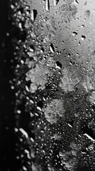 b'Black and white water drops on glass with snowflake patterns'