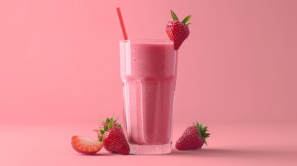 Strawberry smoothie in a clear glass with a straw and fresh strawberries on a pink background.