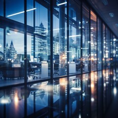 b'Modern office interior with glass walls and city view at night'