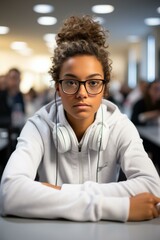 Obraz premium b'Portrait of a serious looking teenage girl wearing glasses and headphones'