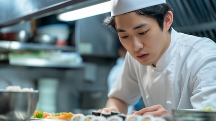Chef cooking sushi in kitchen with tableware and cap