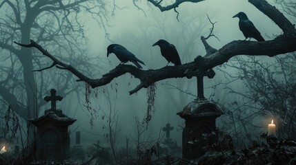 spooky halloween night 3 crow's perch in the branches of a dead tree. at the base of the tree are graves.