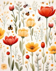 Flat graphic bees, simple line flowers, repeating summer meadow pattern, white background, clear illustration ,  repeating pattern drawing