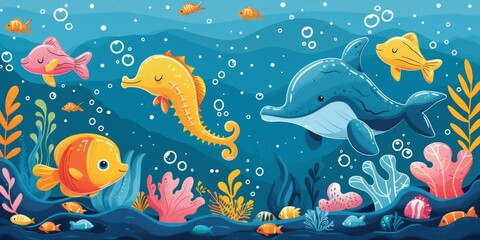 Obraz premium b'Underwater scene with cute cartoon fish and dolphin'