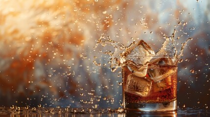 Golden whiskey with ice cubes splashing in glass on warm bokeh backdrop.