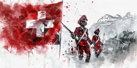 The Swiss Flag with a Yodeler and a Swiss Guard - Visualize the Swiss flag with a yodeler representing Swiss music and a Swiss Guard symbolizing Switzerland's tradition of military service