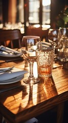 Fototapeta premium b'An elegant place setting with wine and whiskey glasses on a wooden table'