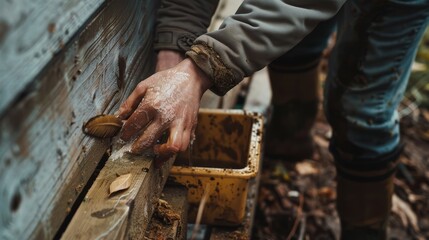 Manual worker smoothing wet varnish on wood outdoors. Detailed shot with focus on hands and material.