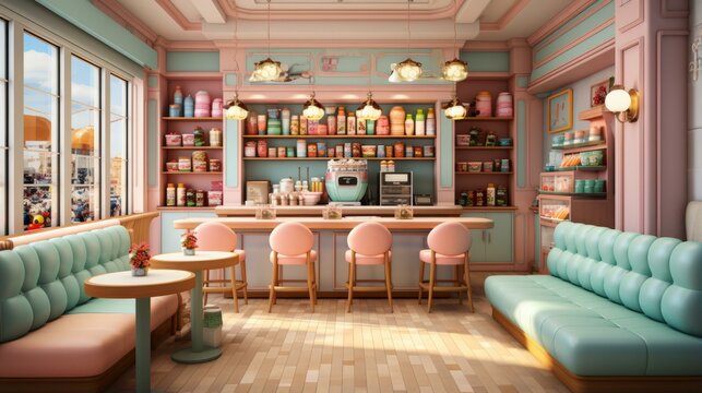 b'Retro 50s Diner Interior With Pink and Blue Pastel Colors'