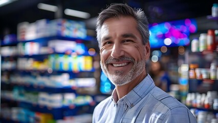 Confident smile of a mature male pharmacist in a store. Concept Portrait Photography, Professional Headshot, Smiling Expression, Male Pharmacist, Retail Store