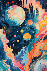 Galactic Delicacy Tempura & Gouache Cosmic Planets Print