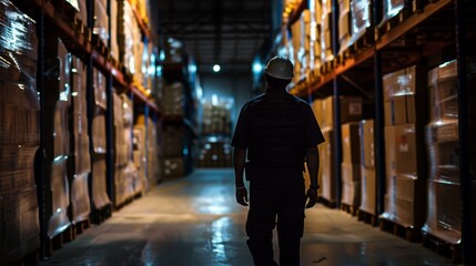 Warehouse worker walking between rows of shelves with boxes at night. Industrial employment and logistics concept