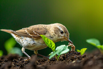 The early bird catches the worm concept, a bird pulling a worm from the ground - 798133742