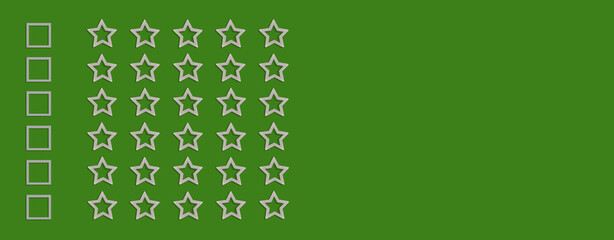 Gold, gray five stars shape on a green, background. Rating stars with tick. Feedback evaluation....