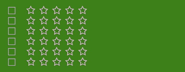 Gold, gray five stars shape on a green, background. Rating stars with tick. Feedback evaluation....