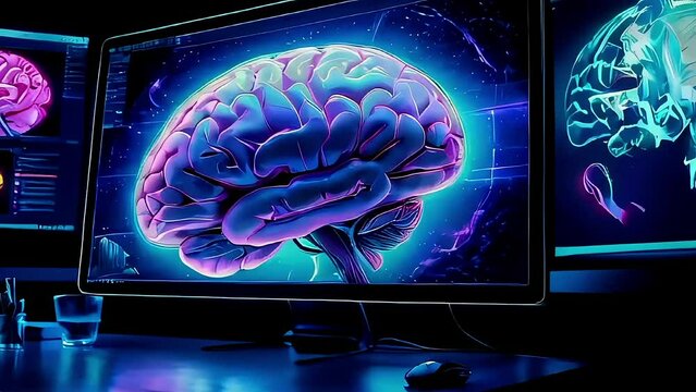 On computer screens, an animated image of the brain.