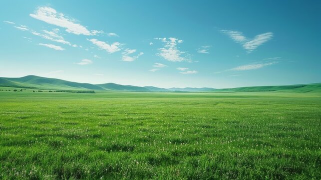 b'Vast green grassland under blue sky with white clouds'