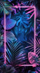 A tropical elegant frame made of exotic emerald leaves and neon lighting. Stylish fashion banner. Plants illuminated with purple, orange, pink fluorescent light.