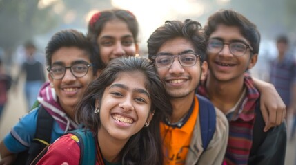 b'Portrait of a group of happy Indian teenage friends'