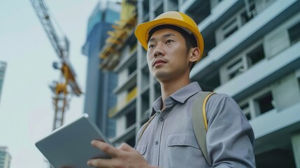 A construction worker in helmet using tablet near building under construction