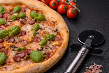 Delicious pizza with sausage, cheese, tomatoes, salt, spices and herbs