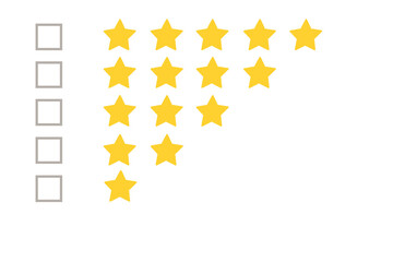 Gold, gray five stars shape on a white background. Rating stars with tick. Feedback evaluation. Rank quality. Feedback from 0 before 5 for apps and websites. - 798134705