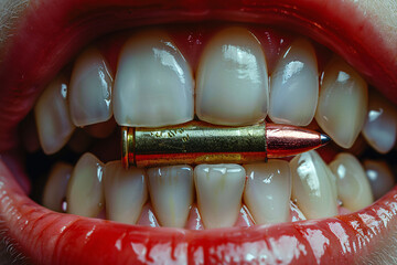 Biting the bullet concept, red lips, a woman holding a bullet between her teeth - 798134736